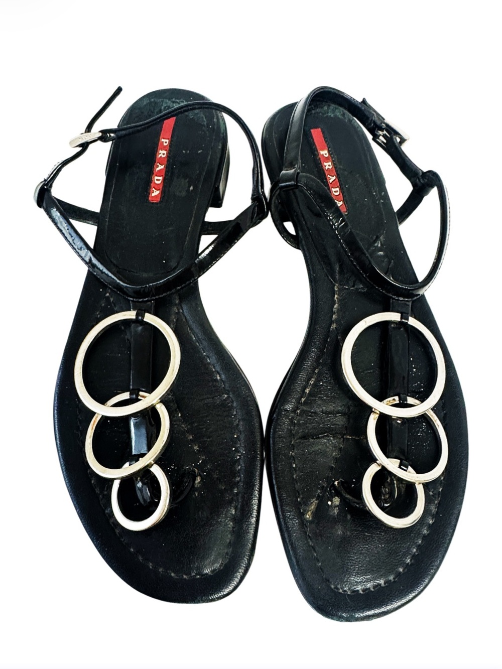 PRADA Black Patent Leather Sandals With Silver Ring Hardware Size 37.5/7.5 US